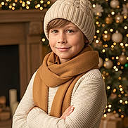 Liam a rejoint le concours — aidez-le/la à gagner de superbes lots ! child, boy, winter_hat, scarf, knitted_sweater, holiday, christmas_tree, decorations, lights, smile, indoor, warm_clothing, festive, holiday_season, present, cozy, portrait, holiday_decor, crossed_arms, happy