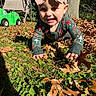 baby, child, toddler, crawling, smiling, outdoor, autumn, leaves, garden, grass, tree, sunlight, hat, bow, sweater, patterned_clothing, toy_car, backyard, portrait, happy