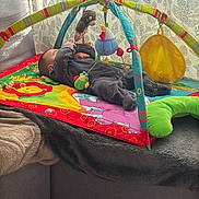 Milagros Sofia a rejoint le concours — aidez-le/la à gagner de superbes lots ! baby, play_mat, toy, hanging_toy, couch, blanket, curtain, indoor, child, infant, colorful, soft_toy, plush, floor, window_light, pattern, relaxing, cozy, person, sleeping