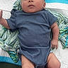 baby, infant, blue_onesie, blanket, fabric, lying_down, child, cute, skin, face, hand, legs, indoors, soft_texture, newborn, expression, young_child, comfort, resting, casual_clothing