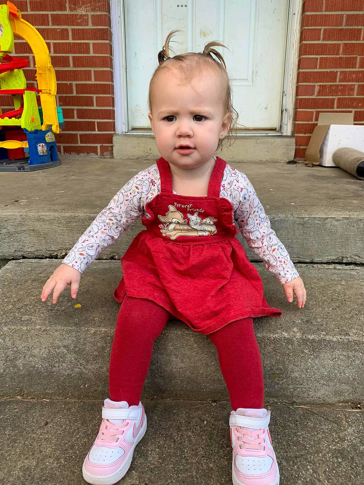 Winter joined the competition — help win amazing prizes! baby, baby_toddler_clothing, carmine, child, costume, door, flooring, fun, grass, happy, human_leg, magenta, orange, person, play, sitting, sleeve, sock, t_shirt, toddler