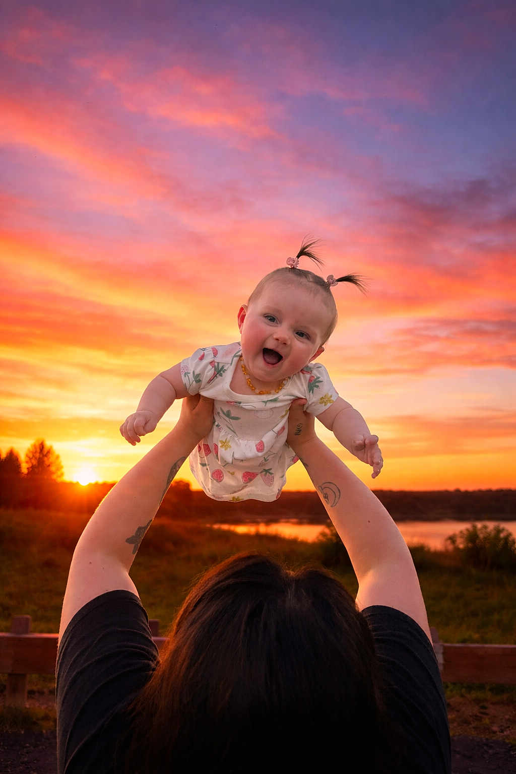 Mayleigh joined the competition — help win amazing prizes! baby, child, person, sunset, sky, outdoor, nature, grass, water, tattoo, arms, happy, smiling, pigtails, clothing, holding, sun, silhouette, portrait, joy