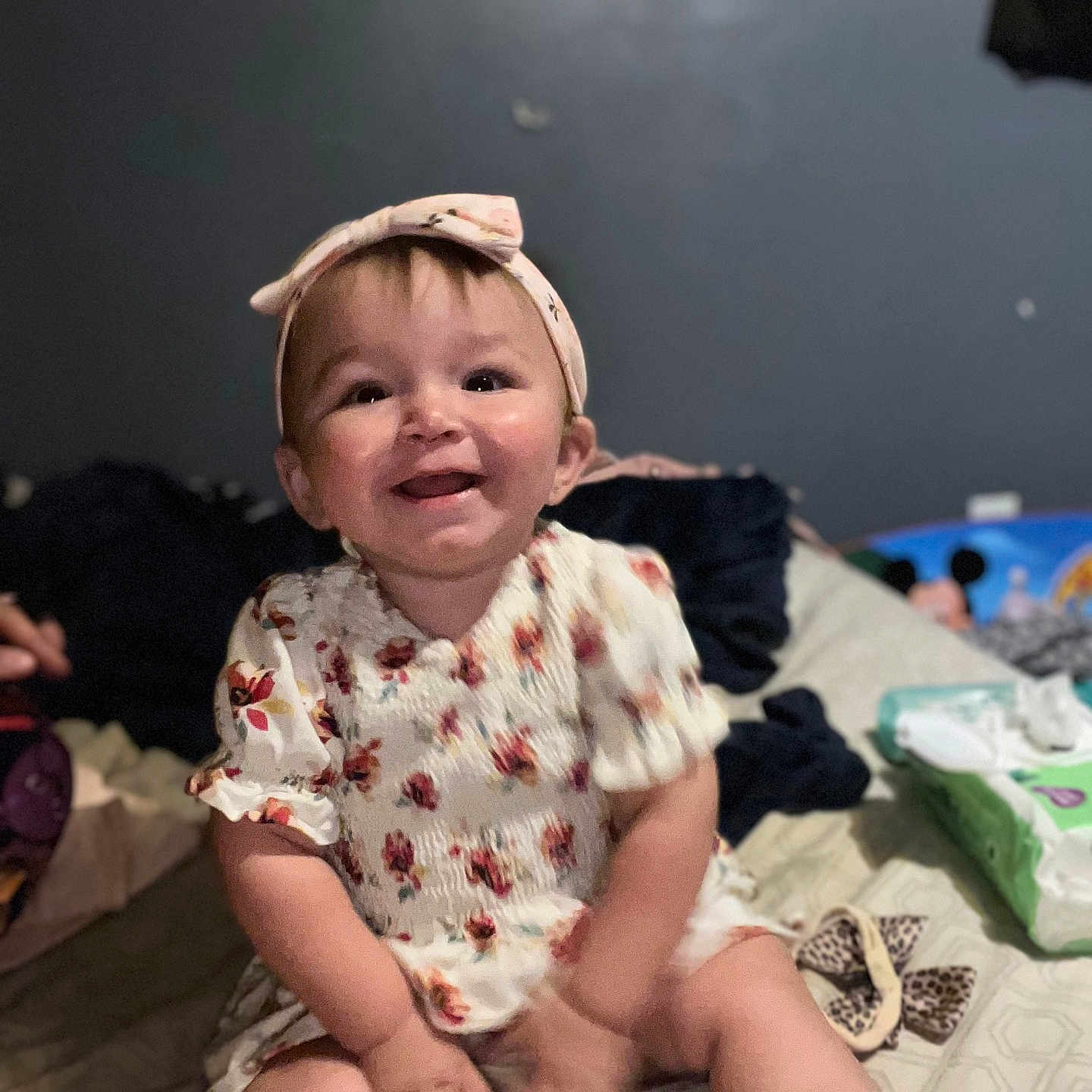 Arabella joined the competition — help win amazing prizes! baby, bed, bedroom, clothing, dress, face, furniture, happy, head, hosiery, indoors, person, photography, portrait, room, shorts, sitting, smile, sock, t_shirt