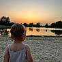 toddler, child, lake, sunset, sand, water, nature, outdoor, trees, sky, reflection, peaceful, calm, summer, evening, bare_skin, tank_top, back_view, landscape, serene