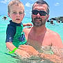 Lorenzo is registered to the contest to win money with this photo: beach, child, clouds, family, green_shirt, happy, holding, man, ocean, outdoor, people, sky, summer, sunglasses, sunlight, swimming, vacation, water, waves, wristband