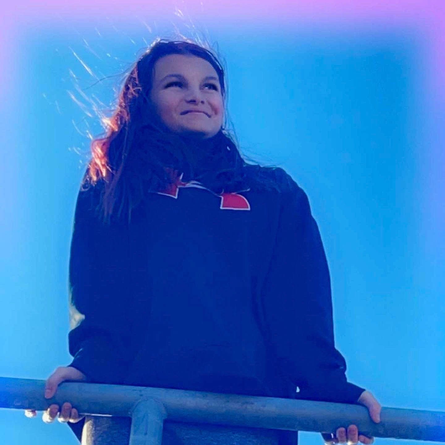 Kaitlynn joined the competition — help win amazing prizes! blue, chair, elbow, electric_blue, entertainment, event, flash_photography, fun, happy, human, human_leg, joy, leisure, long_hair, magenta, music_artist, person, purple, sleeve, smile