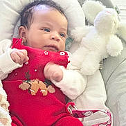 Lily a rejoint le concours — aidez-le/la à gagner de superbes lots ! baby, infant, newborn, red_outfit, knitted_clothing, reindeer_pattern, stuffed_bunny, plush_toy, pacifier_clip, blanket, baby_seat, portrait, close_up, face, eyes, hands, cozy, soft_texture, peaceful, home_interior