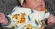 Tayloure is registered to the contest to win money with this photo: baby, infant, child, portrait, lying_down, headband, bow, onesie, patterned_clothing, dinosaur, giraffe, fuzzy_blanket, gray_blanket, indoors, face, hands, feet, white_sock, awake, cute