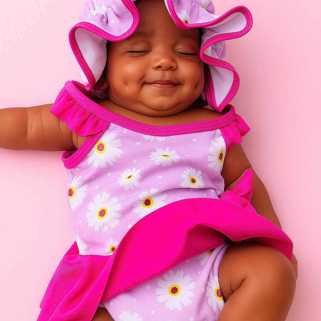 Ocean-Sinclair is registered to the contest to win money with this photo: arm, baby, child, chubby, closed_eyes, cute, dimples, floral_pattern, hat, indoors, infant, leg, one_person, peaceful, pink_background, portrait, ruffles, skin, smiling, swimsuit