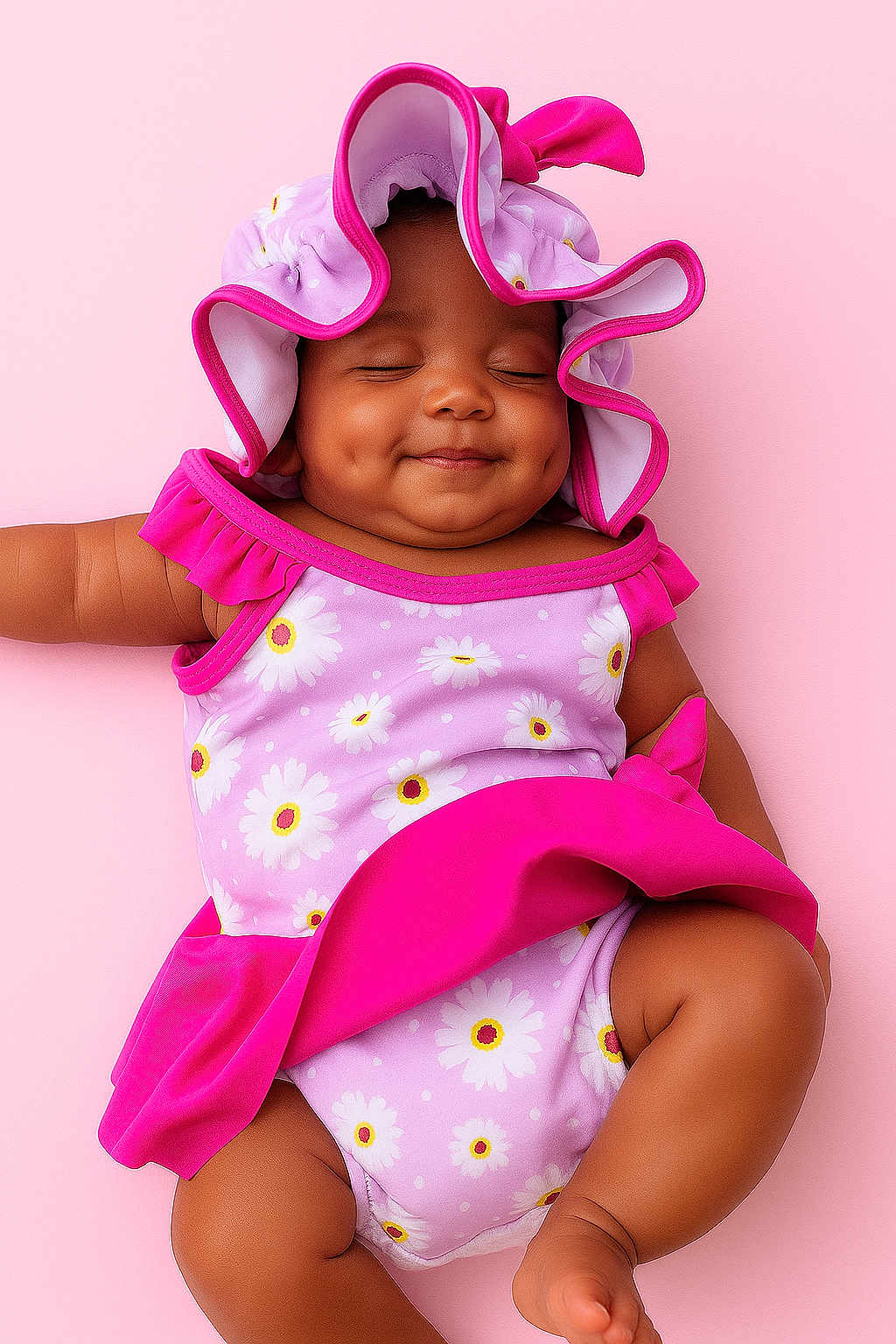 Ocean-Sinclair is registered to the contest to win money with this photo: baby, infant, smiling, dimples, closed_eyes, swimsuit, hat, pink_background, cute, chubby, floral_pattern, ruffles, skin, arm, leg, peaceful, portrait, child, one_person, indoors
