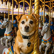 Cassius joined the competition — help win amazing prizes! dog, carousel, horse, amusement_park, pet, animal, golden_pole, lights, colorful, portrait, cute, whimsical, indoor, fun, ride, decorative, collar, tag, brown_dog, playful