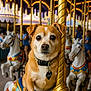 dog, carousel, horse, amusement_park, pet, animal, golden_pole, lights, colorful, portrait, cute, whimsical, indoor, fun, ride, decorative, collar, tag, brown_dog, playful