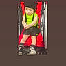 toddler, child, stroller, red, neon_green, black_shorts, cap, sneakers, indoor, floor, straps, seated, curious_expression, baby, person, footwear, clothing, small_child, young_child, casual