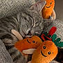 cat, sleeping, gray_tabby, plush_toy, carrot, stuffed_animal, cute, cozy, blanket, soft, pet, animal, resting, indoors, fur, whiskers, nap, smiling_toy, cuddling, relaxation