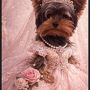 Ambre participe au concours pour gagner de l'argent avec cette photo : adorable, celebration, closeup, costume, cute, dog, dress_up, elegant, flowers, indoor, lace, pearl_necklace, pet, pink_dress, portrait, princess, roses, soft_lighting, tiara, yorkshire_terrier
