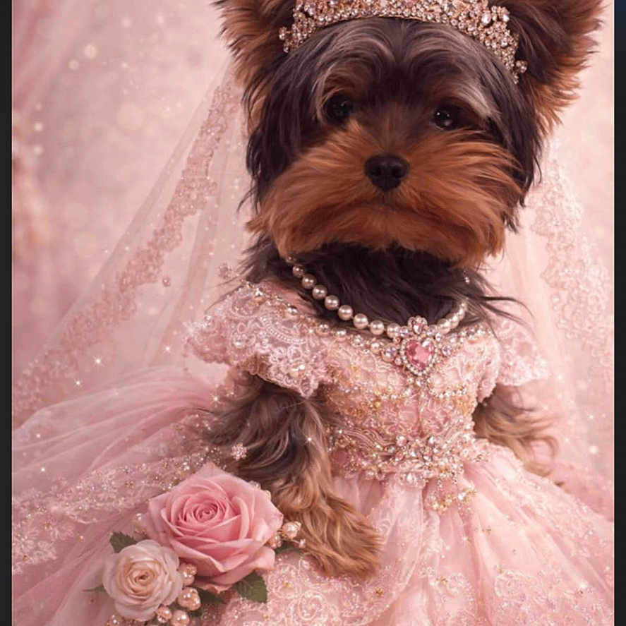 Ambre participe au concours pour gagner de l'argent avec cette photo : adorable, celebration, closeup, costume, cute, dog, dress_up, elegant, flowers, indoor, lace, pearl_necklace, pet, pink_dress, portrait, princess, roses, soft_lighting, tiara, yorkshire_terrier