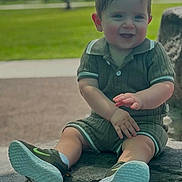 Andrew joined the competition — help win amazing prizes! toddler, child, outdoor, park, rock, greenery, grass, sky, clouds, sneakers, shorts, polo_shirt, smiling, happy, sitting, daylight, nature, casual_clothing, cute, young_child