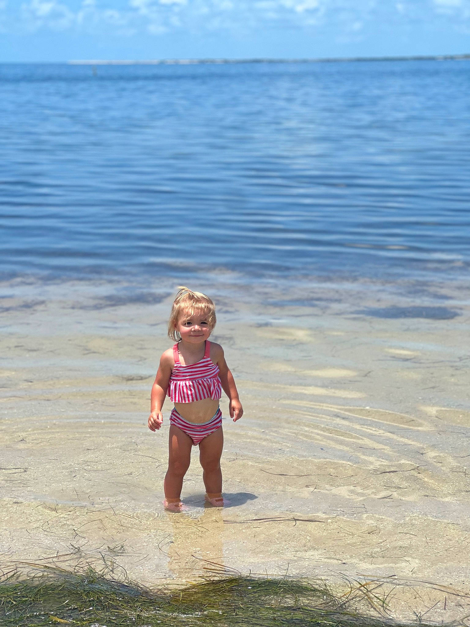 Aria Lynn is registered to the contest to win money with this photo: azure, beach, cloud, coastal_and_oceanic_landforms, fun, happy, hat, holiday, horizon, joy, lake, landscape, leisure, people_in_nature, people_on_beach, person, sand, sky, swimwear, toddler