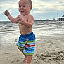 toddler, child, beach, sand, water, ocean, waves, cloudy_sky, barefoot, swim_shorts, happy, playing, smiling, outdoor, summer, nature, fun, wet_sand, person, shore