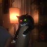 cat, black_cat, white_chest, indoor, dim_lighting, warm_lighting, lamp, living_room, jumping, motion_blur, glowing_eyes, tuxedo_cat, pet, animal, portrait, dark_background, furniture, home, nighttime, candid