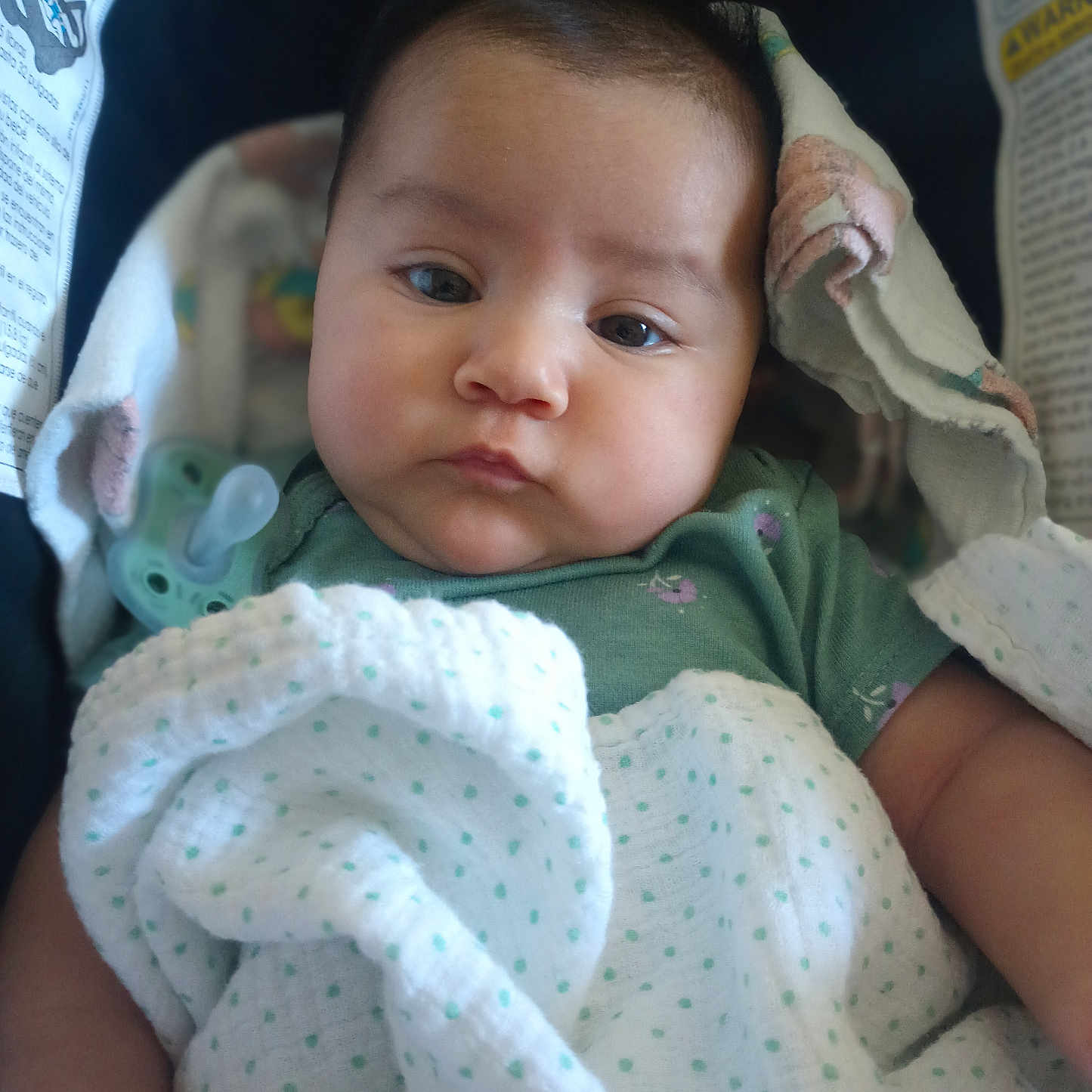 Mia joined the competition — help win amazing prizes! baby, blanket, car_seat, child, closeup, clothing, cute, expression, face, green, head, indoors, infant, pacifier, person, portrait, resting, soft_texture, wrapped, young_child