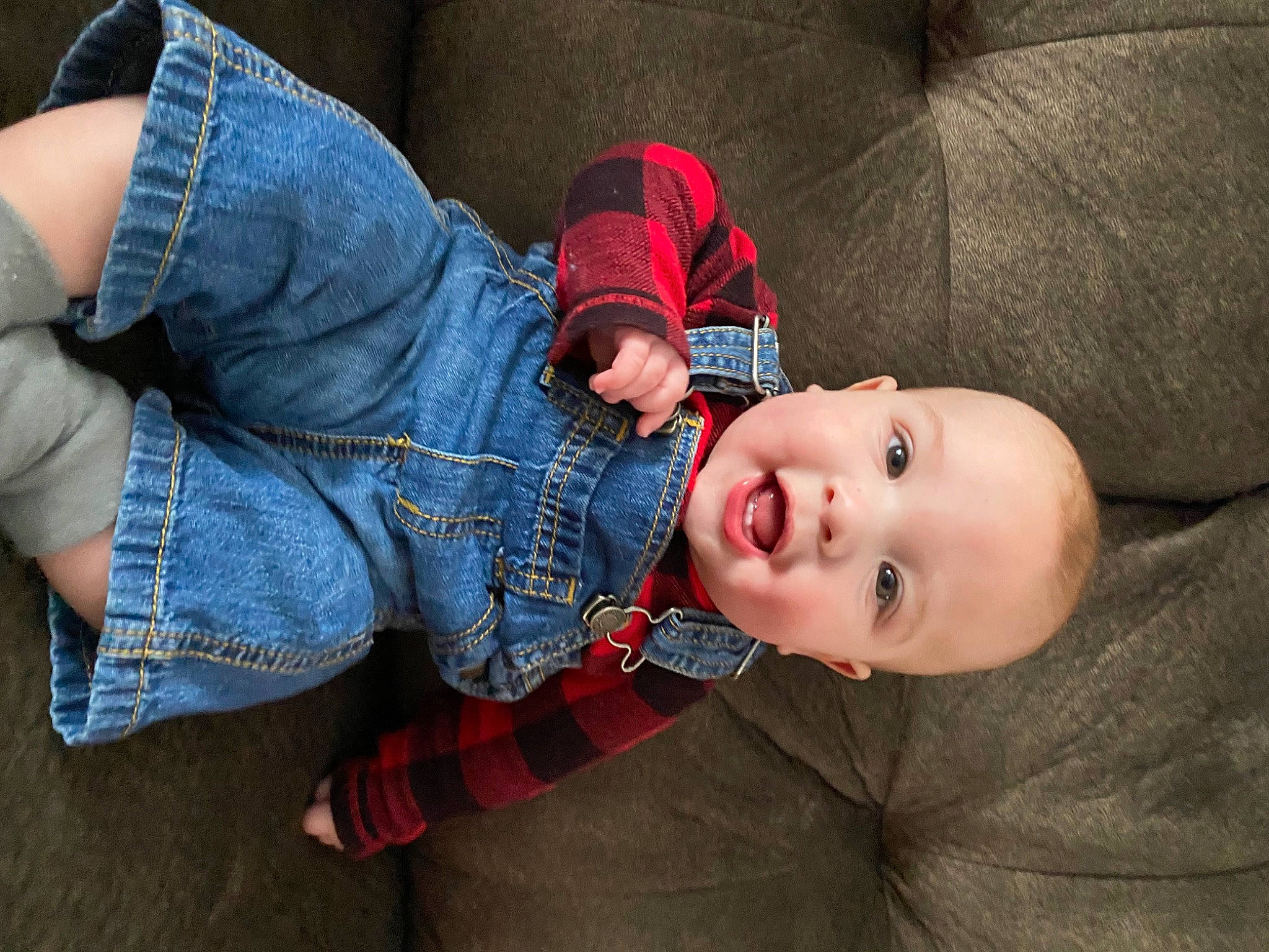 Beau is registered to the contest to win money with this photo: baby, baby_toddler_clothing, child, comfort, denim, electric_blue, fun, hand, human_leg, person, plaid, plant, sitting, skin, sleeve, smile, textile, thigh, toddler, tree