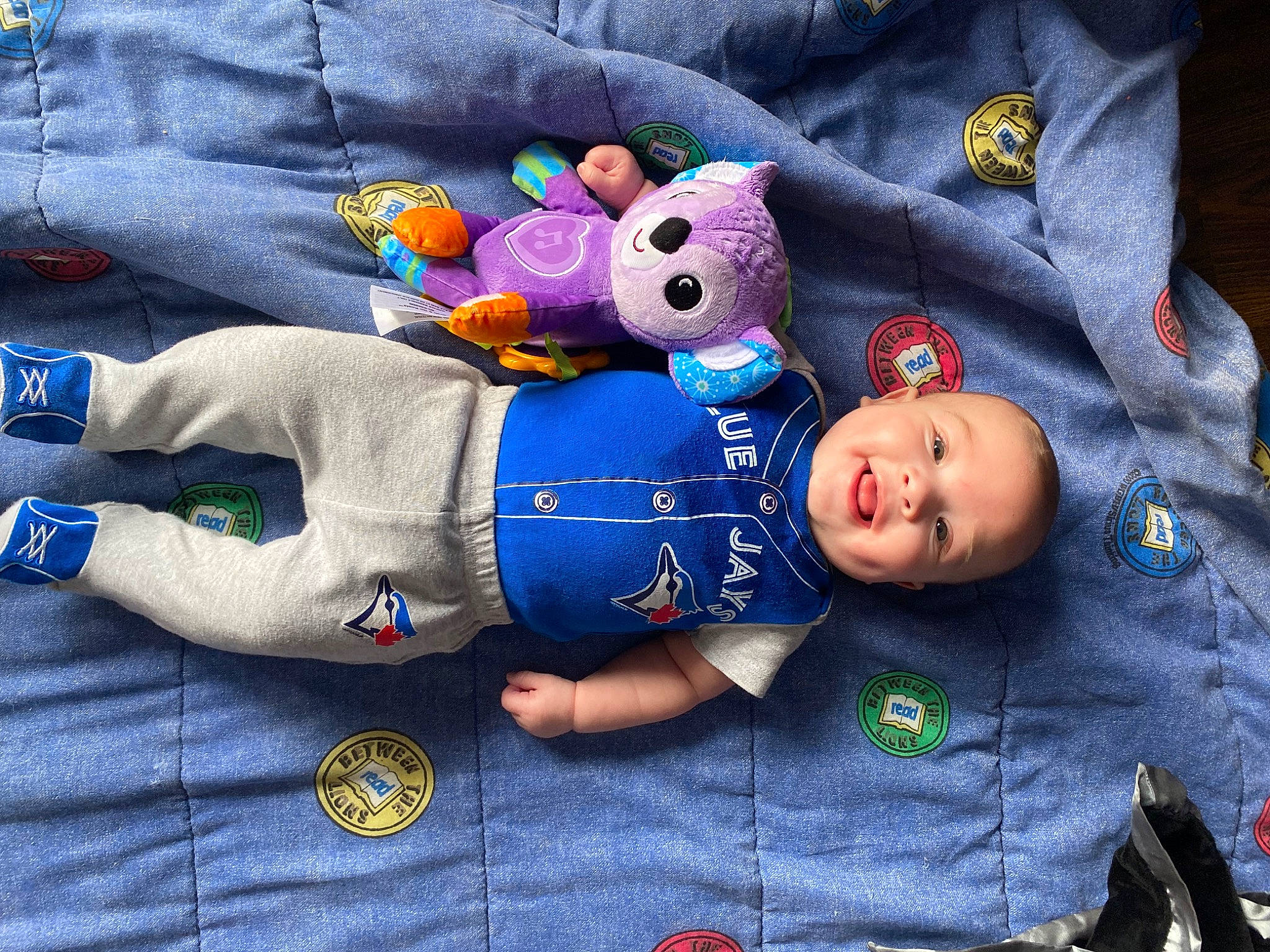 Beau joined the competition — help win amazing prizes! baby, baby_products, baby_sleeping, baby_toddler_clothing, baby_toys, child, comfort, denim, electric_blue, facial_expression, gesture, happy, person, plush, polar_fleece, product, sleeve, smile, stuffed_toy, toddler