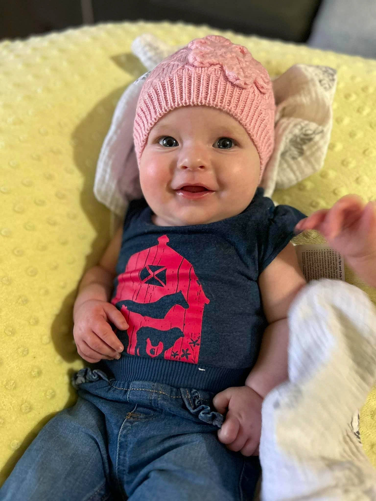 Elena joined the competition — help win amazing prizes! baby, baby_toddler_clothing, cap, cheek, child, clothing, eye, face, happy, head, headgear, headwear, jeans, joy, knit_cap, person, pink, skin, sleeve, smile