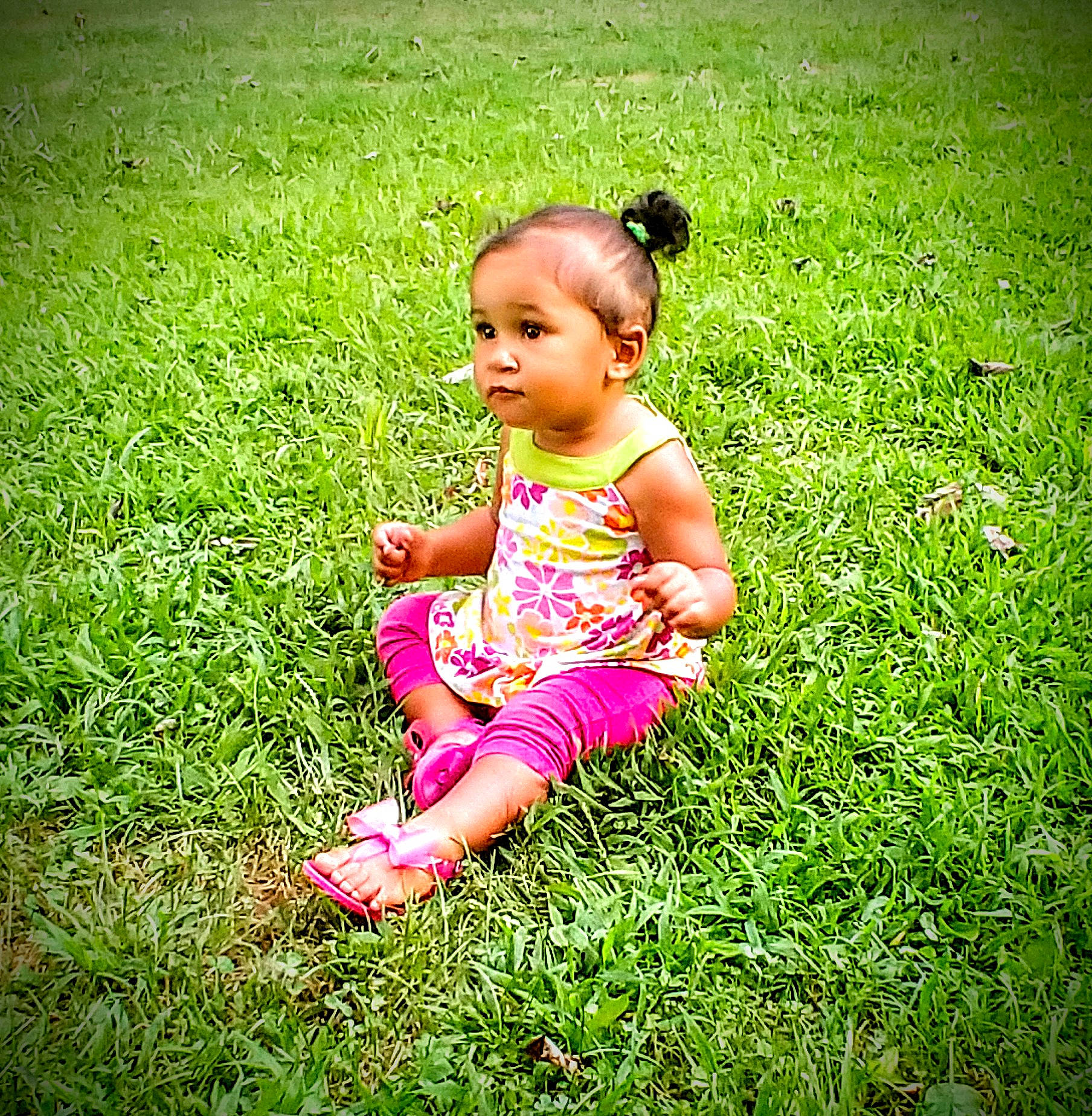 Carmella is registered to the contest to win money with this photo: baby, child, fun, grass, grass_family, green, happy, lawn, leaf, meadow, people, people_in_nature, person, pink, plant, play, sitting, smile, spring, summer