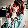 dog, chihuahua, pet, person, indoor, kitchen, holding, robe, ears, cute, face, animal, small_dog, fur, looking, home, window, human, comfort, cozy