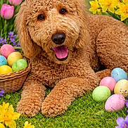 Brian is registered to the contest to win money with this photo: animal, basket, colorful, curly_hair, cute, dog, easter_eggs, flowers, grass, happy, nature, outdoor, pet, pink_flowers, playful, portrait, purple_flowers, spring, tongue_out, yellow_flowers
