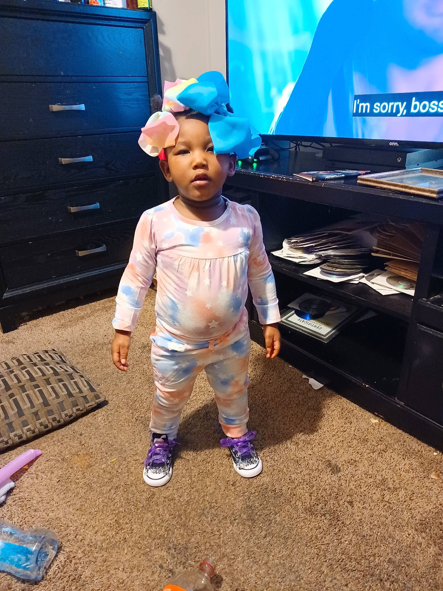 Heaven joined the competition — help win amazing prizes! blue, cabinetry, chest_of_drawers, child, drawer, electric_blue, entertainment, event, flooring, fun, gadget, happy, headwear, home_appliance, leisure, living_room, person, sneakers, t_shirt, television