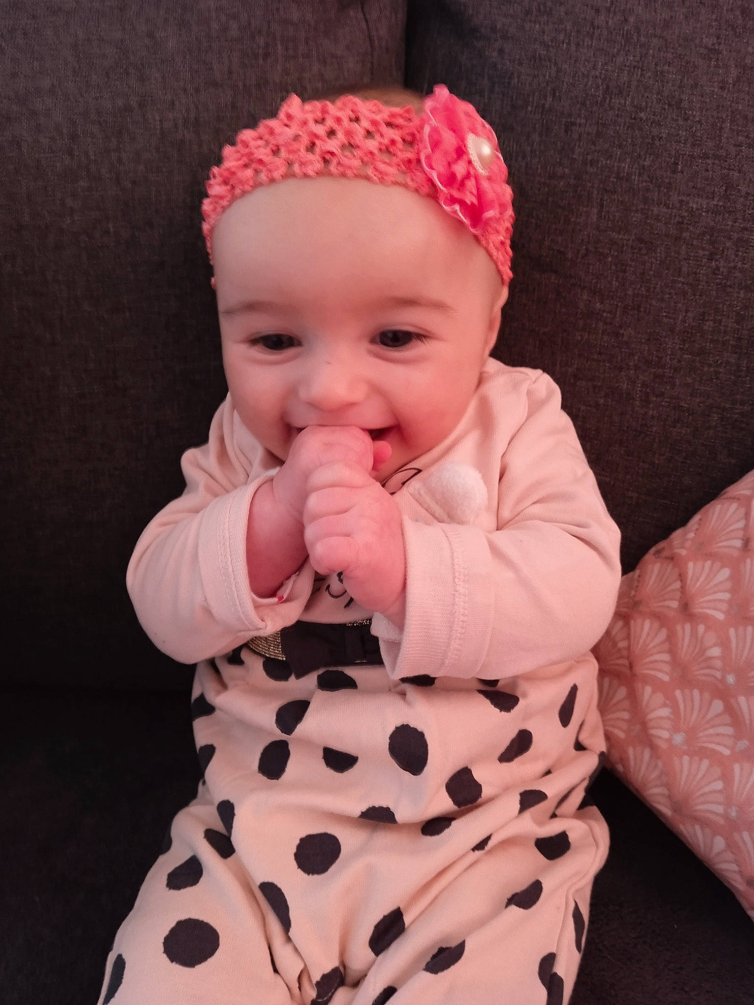 Illyanna participe au concours pour gagner de l'argent avec cette photo : baby, baby_toddler_clothing, beauty, cap, cheek, collar, dress, eye, happy, headgear, headwear, lip, one_piece_garment, organ, pattern, person, pink, sleeve, smile, textile