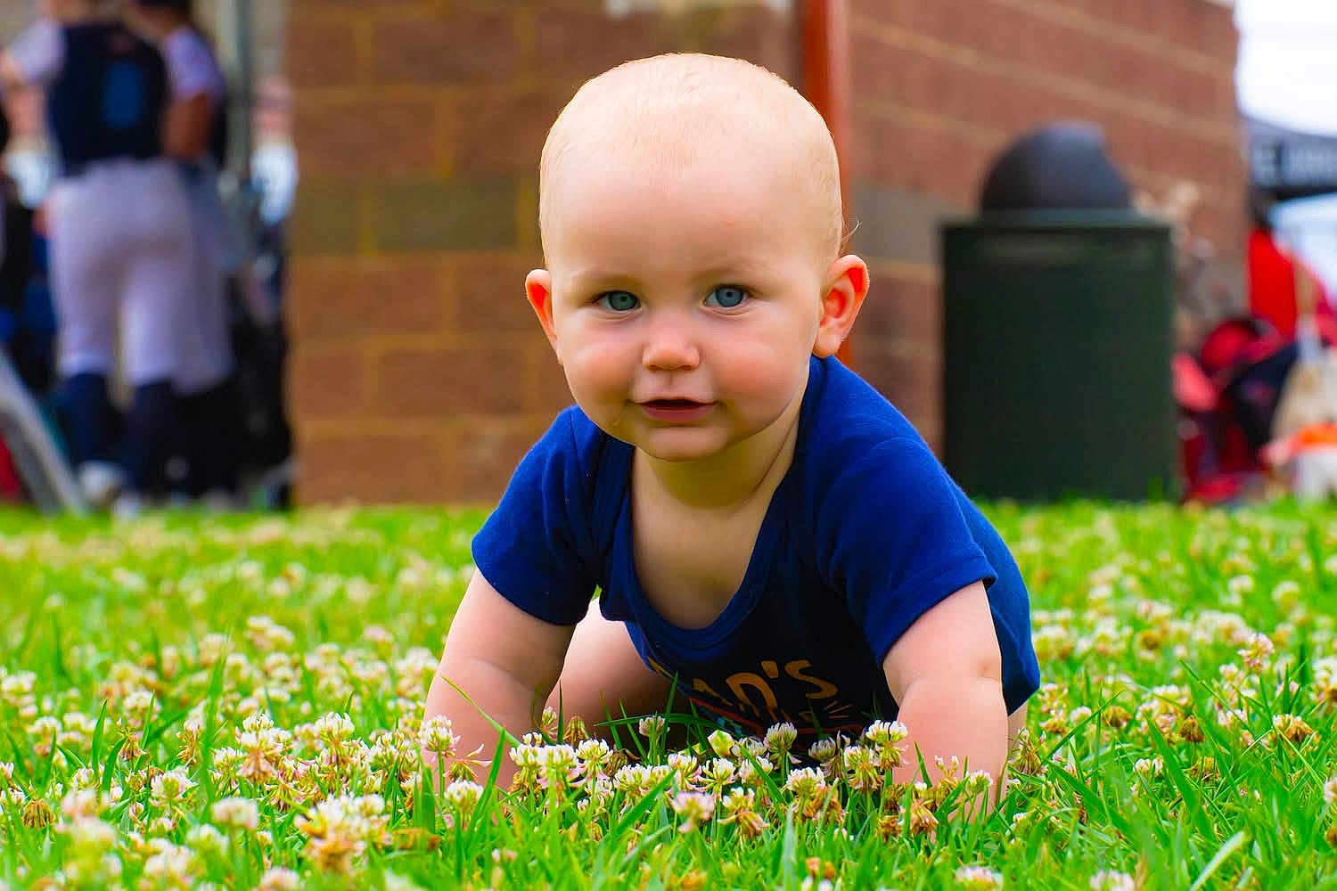 Beaux joined the competition — help win amazing prizes! baby, child, crawling, grass, flowers, blue_eyes, outdoor, greenery, person, infant, nature, portrait, cute, toddler, short_hair, smiling, daylight, casual_clothing, field, curious