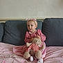 toddler, child, pink_dress, headband, teddy_bear, couch, cushion, blanket, indoors, soft_toys, sitting, portrait, cute, baby, cozy, furniture, wall, homedecor, happy, person