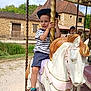 child, boy, carousel, horse, ride, hat, striped_shirt, shorts, outdoor, daytime, grass, stone_building, wooden_door, greenery, playground, amusement_ride, smile, fun, summer, vacation