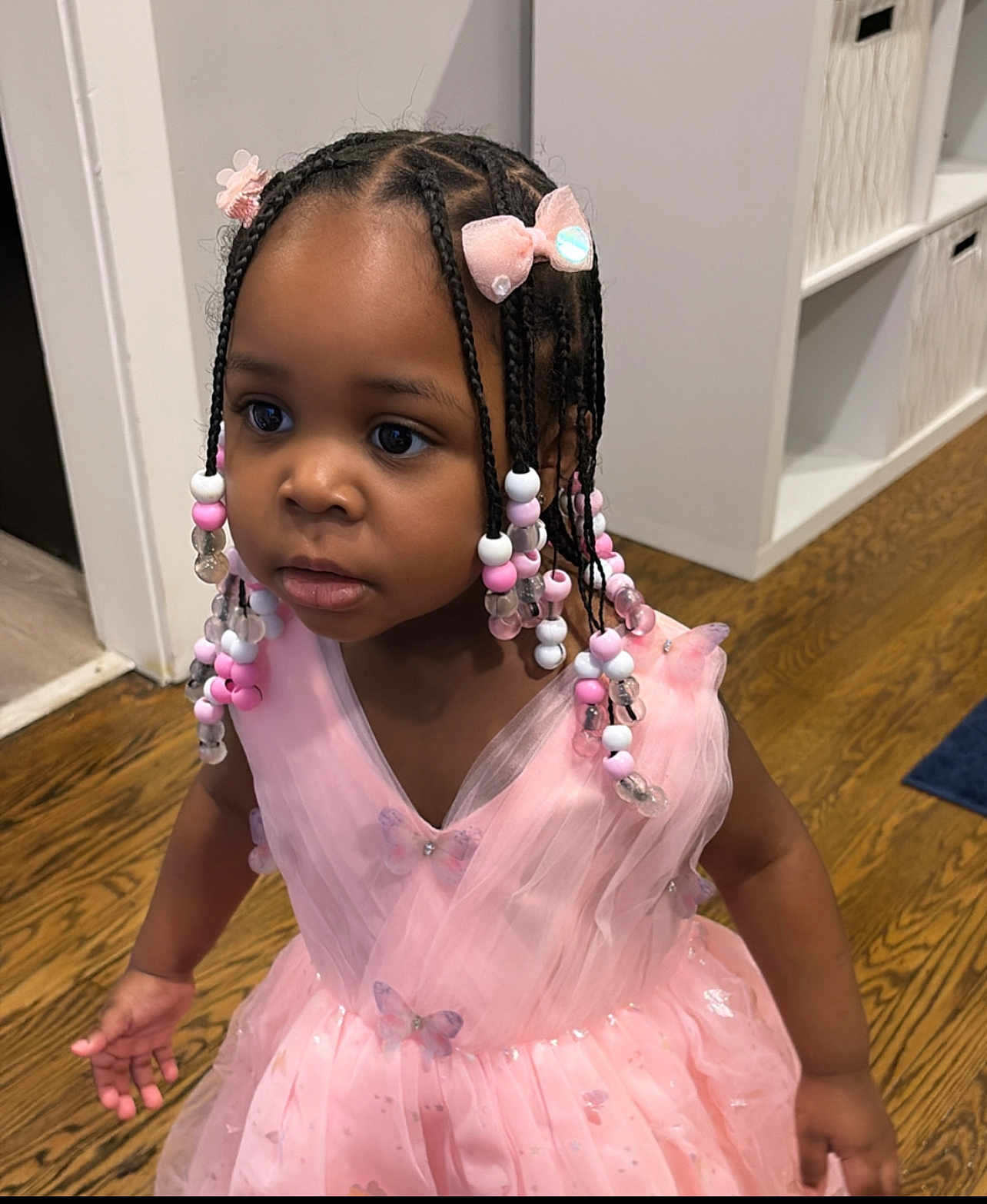 Milan is registered to the contest to win money with this photo: child, girl, pink_dress, braids, beads, butterfly, tutu, floor, indoors, curious, cute, person, portrait, hair_accessories, young_child, wood_floor, cabinet, decor, fashion, cute_outfit