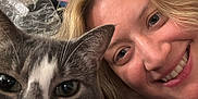 Lex joined the competition — help win amazing prizes! animal, blonde_hair, casual, cat, close_up, cozy, cute, domestic, face, friendship, gray_cat, human, indoor, pet, portrait, relaxing, selfie, smiling, white_cat, woman
