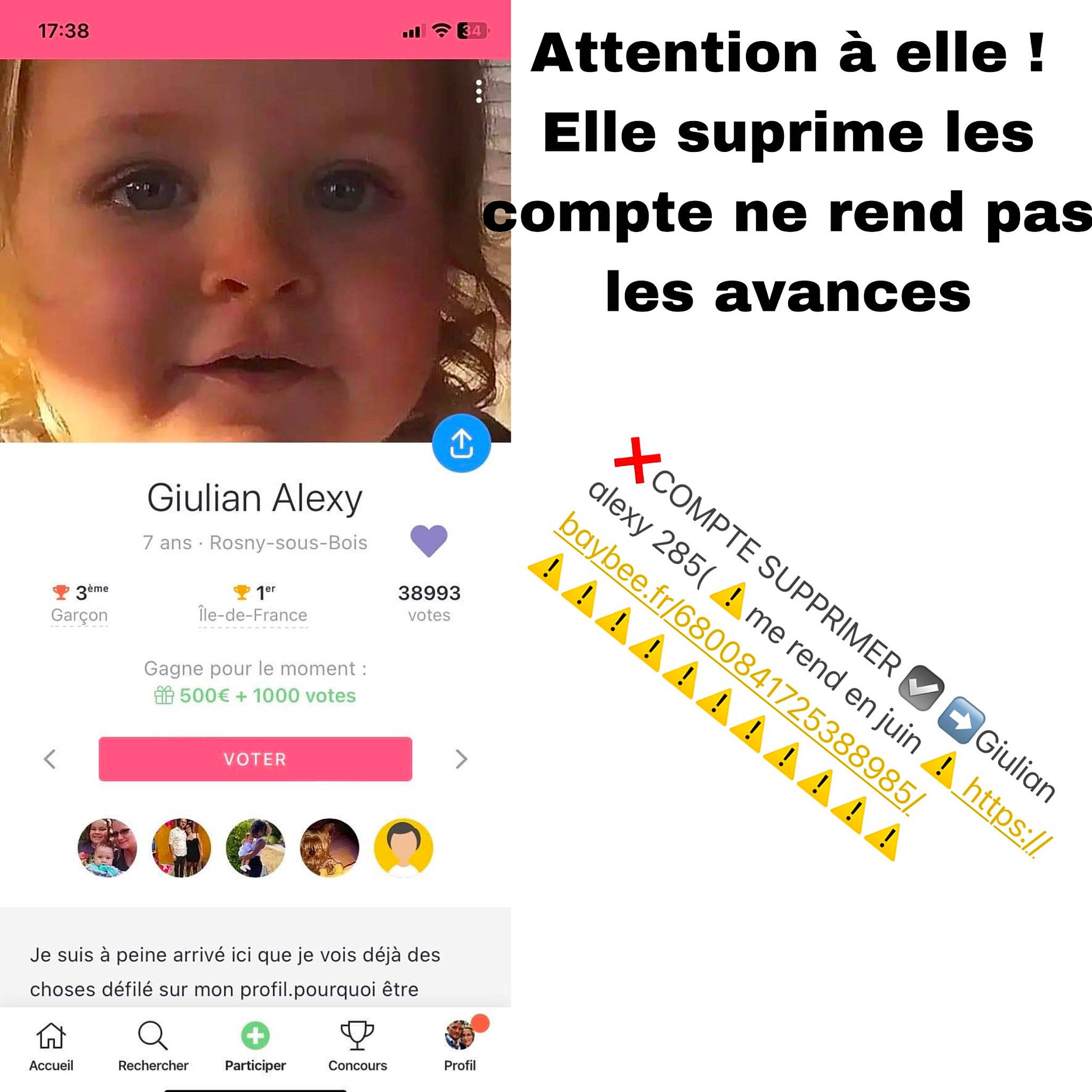 Victoire a rejoint le concours — aidez-le/la à gagner de superbes lots ! advertising, baby, brand, circle, eyelash, font, graphic_design, happy, headwear, logo, media, online_advertising, person, screenshot, sharing, toddler, web_page, website