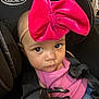 baby, child, car_seat, graco, pink_bow, headband, seatbelt, clothing, tank_top, denim, face, eyes, infant, safety_harness, cute, portrait, indoors, person, seat, young