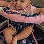 Melody is registered to the contest to win money with this photo: baby, infant, child, seated, pink_clothing, baby_chair, polka_dot, leaf_pattern, footwear_bare, indoor, cute, curious, soft_lighting, skin, face, legs, toes, arm, head, expression