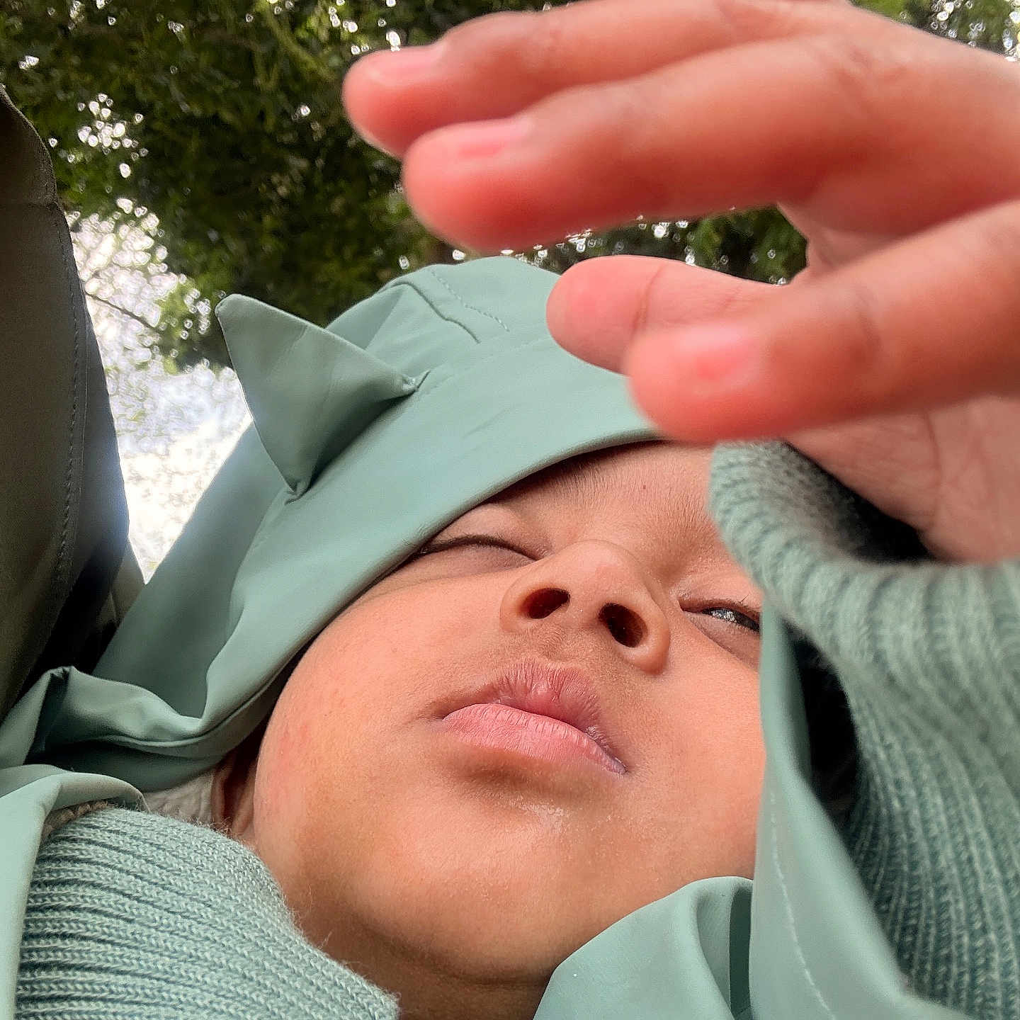 Mohammed a rejoint le concours — aidez-le/la à gagner de superbes lots ! child, face, hand, jacket, knitwear, green, outdoor, nature, tree, blurred_background, close_up, candid, playful, winter_clothing, portrait, young, skin, expression, casual, daylight