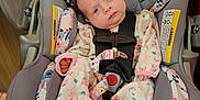 Freyja is registered to the contest to win money with this photo: baby, car_seat, infant, clothing, onesie, face, straps, safety, indoors, cute, child, person, expression, seat, fabric, pattern, pink, blue, newborn, head