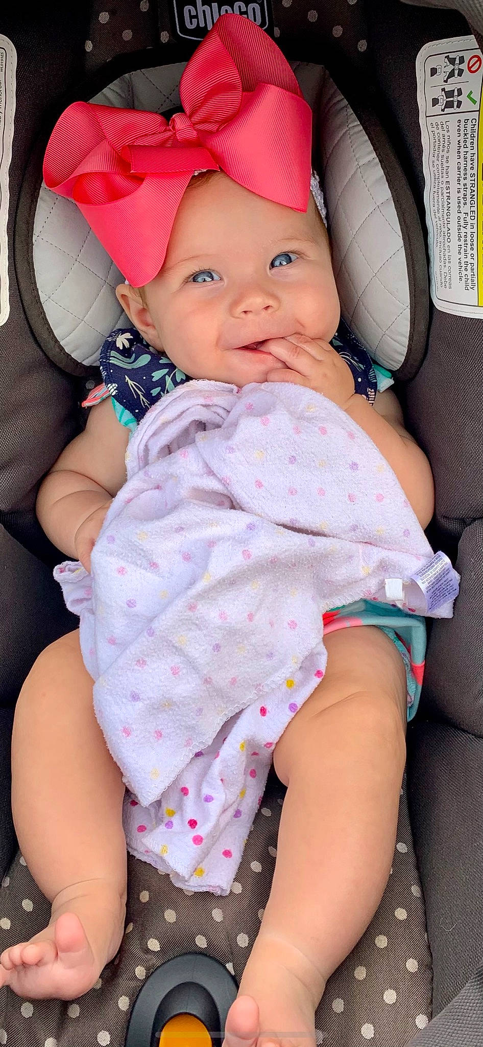 Kylie joined the competition — help win amazing prizes! baby, baby_toddler_clothing, cap, car_seat, cheek, child, comfort, finger, happy, headwear, lip, magenta, mouth, pattern, person, pink, purple, skin, sleeve, smile