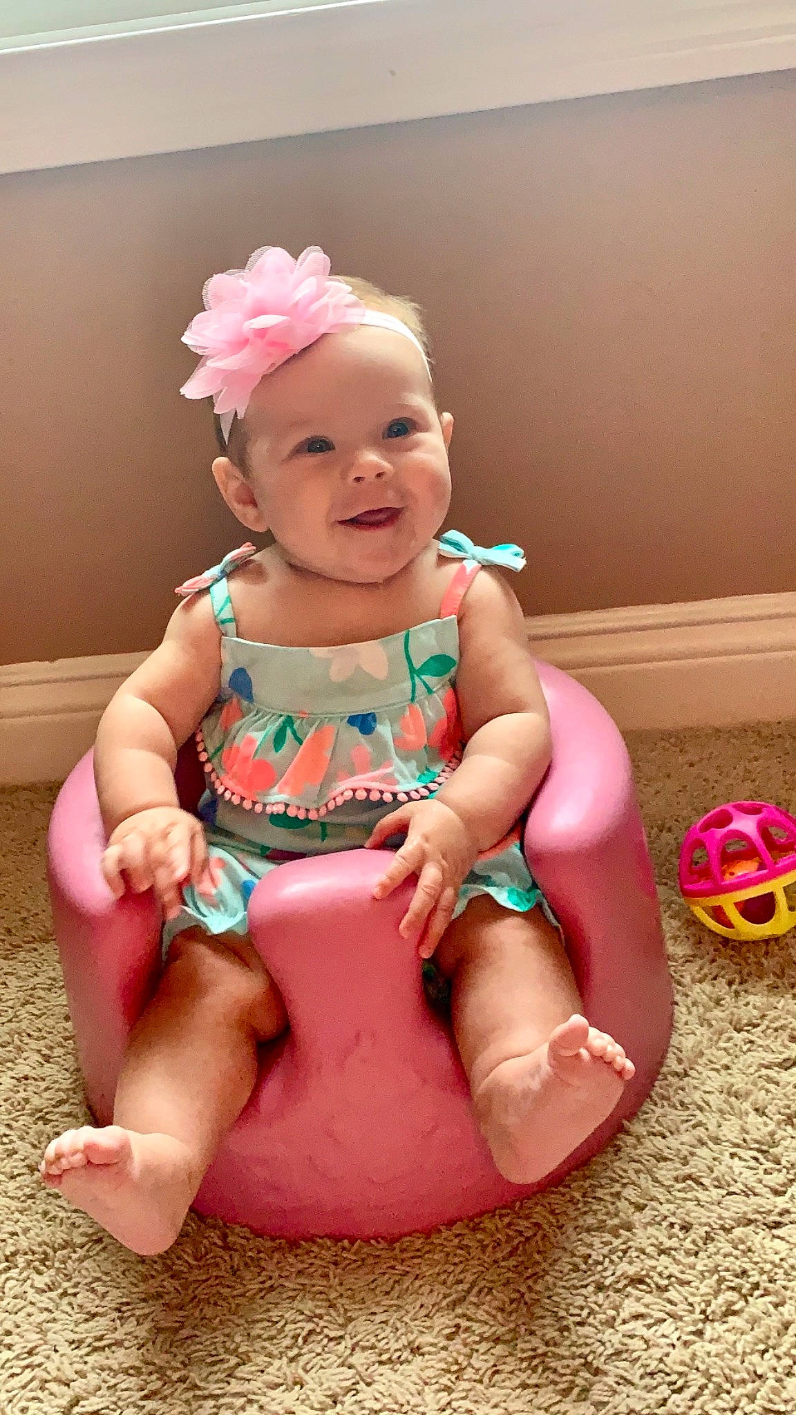 Kylie joined the competition — help win amazing prizes! baby, baby_toddler_clothing, barefoot, child, facial_expression, fashion_accessory, finger, foot, fun, happy, hat, headwear, human_leg, joy, knee, magenta, person, pink, sitting, skin