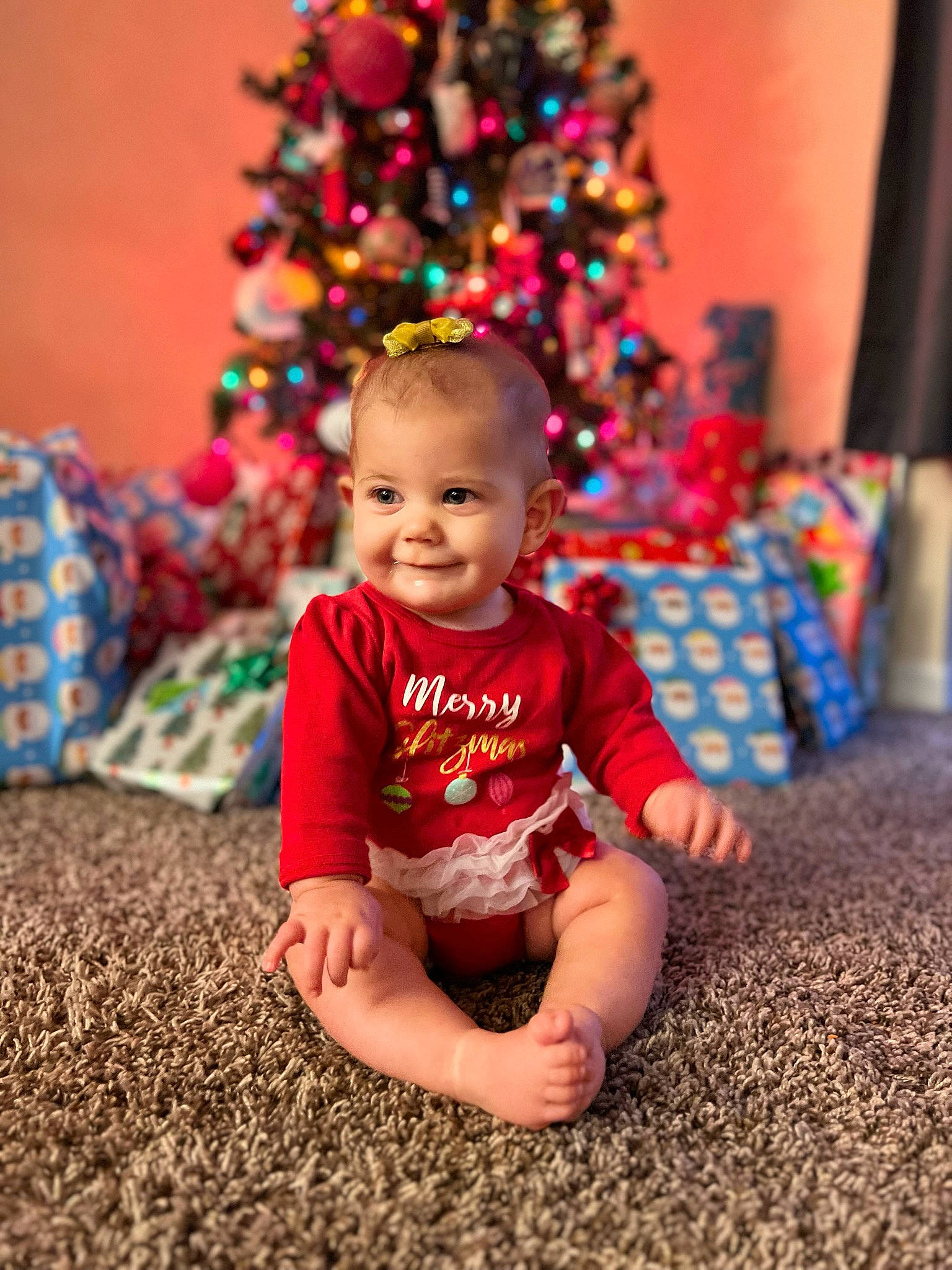 Camryn joined the competition — help win amazing prizes! baby, baby_toddler_clothing, beauty, child, christmas, christmas_decoration, christmas_ornament, christmas_tree, event, eye, face, flooring, fun, happy, holiday, human_body, joy, leaf, person, smile