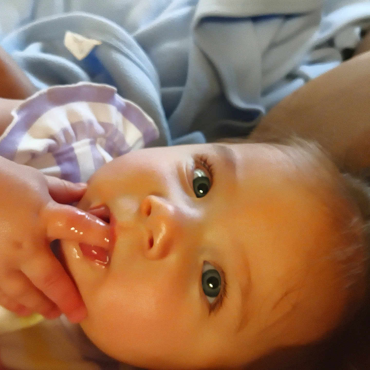 Vanessa is registered to the contest to win money with this photo: baby, infant, face, hand, fingers, blanket, blue_blanket, close_up, eyes, skin, cute, child, lying_down, soft_light, indoors, person, portrait, young_child, expression, comfort