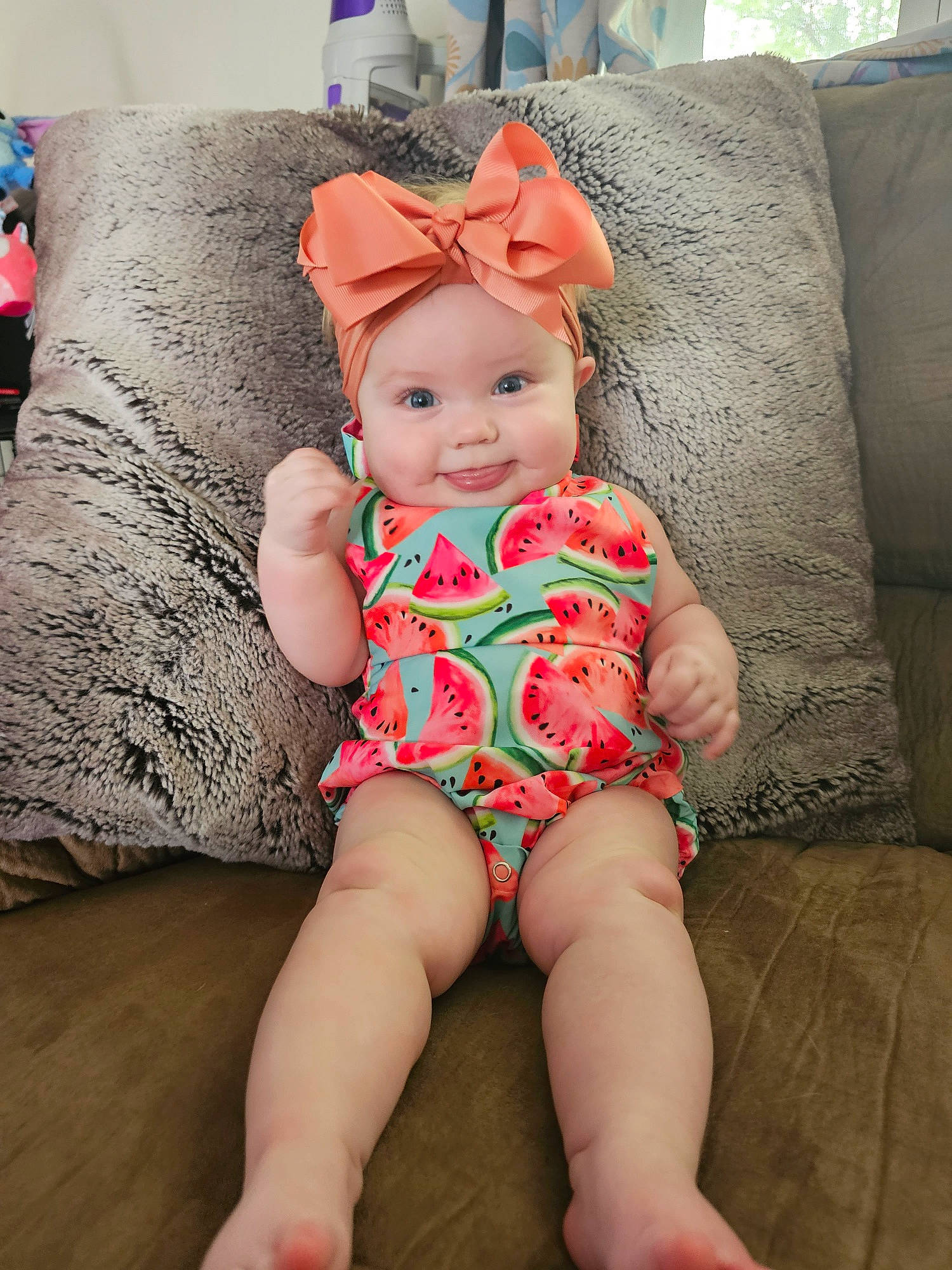 Daisy joined the competition — help win amazing prizes! abdomen, baby, baby_toddler_clothing, chest, child, comfort, couch, fashion_accessory, foot, hat, headwear, human_leg, pattern, person, pink, sitting, skin, sun_hat, textile, thigh
