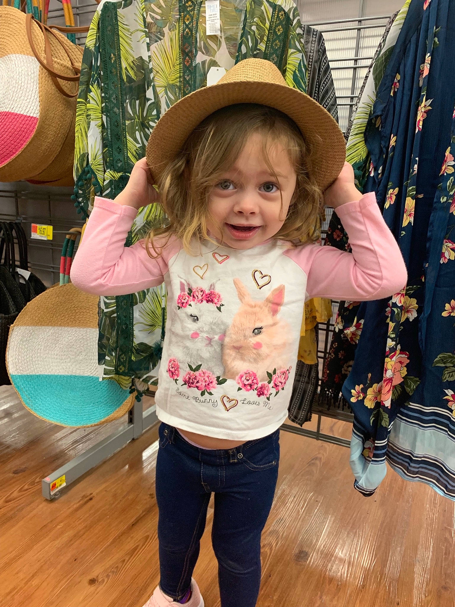 Jaelynn is registered to the contest to win money with this photo: child, child_model, clothing, denim, fashion_accessory, hat, head, headgear, jeans, joy, outerwear, pattern, person, play, skin, sleeve, smile, sun_hat, t_shirt, toddler