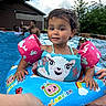 Adaline is registered to the contest to win money with this photo: toddler, child, pool, floaties, inflatable_ring, water, swimming, outdoor, summer, fun, play, person, toy, colorful, splash, trees, cloudy_sky, water_safety, family, recreation